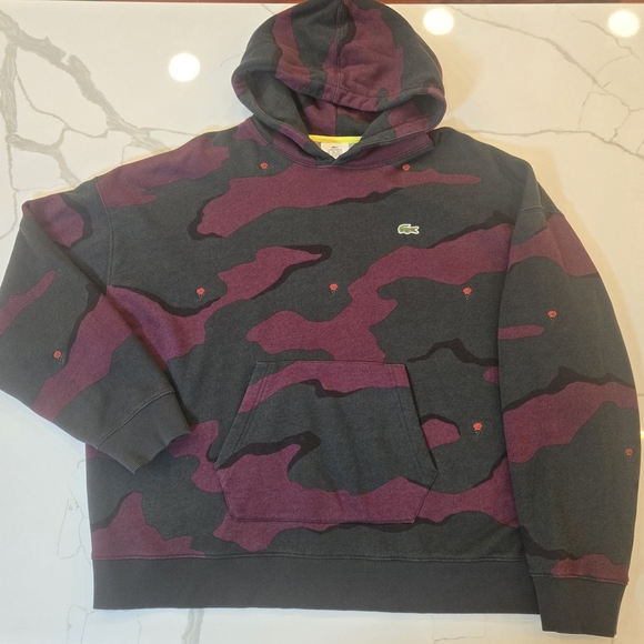 Lacoste Rosebud Camo Embroidered Pullover Hoodie Purple Gray Mens 3XL